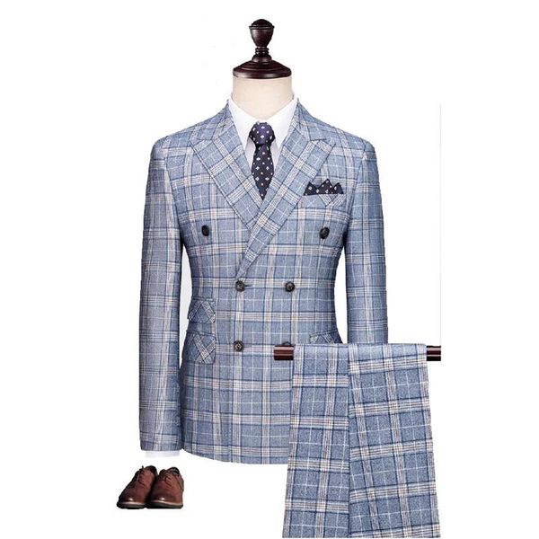 Abiti da uomo Blazer 2023 Fashion Light Blue Overcheck Plain Uomo Suit Custom Made Retro Wedding Blazer 3Pcs (Jacket Pants Vest)