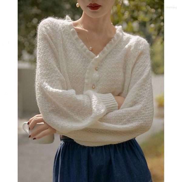 Malhas femininas mulheres mohair suéter fino jaqueta de malha feminina retro cardigan preguiçoso mole 2023 outono big garotas tops #1016