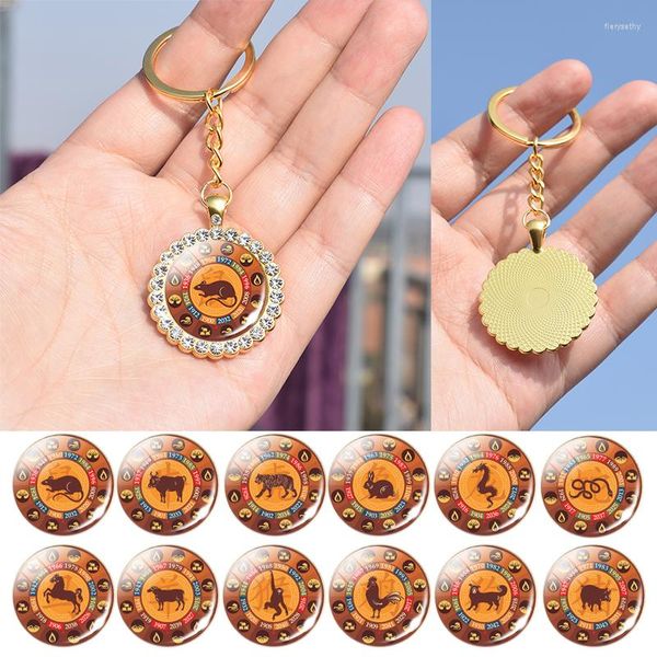 Anahtarlıklar 12 Çin Zodyak Keychain Takı Boyinoz Parlak Rhinestone Kolye Hayvanları Anahtar Kilit Sahibi Doğum Günü Hediyesi