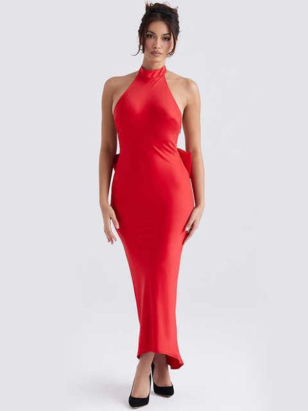 Mulheres 2022 Red Maxi Dress Fashion sem costas Cetina de Natal roupas longas roupas vintage chiques elegantes para festas de festa