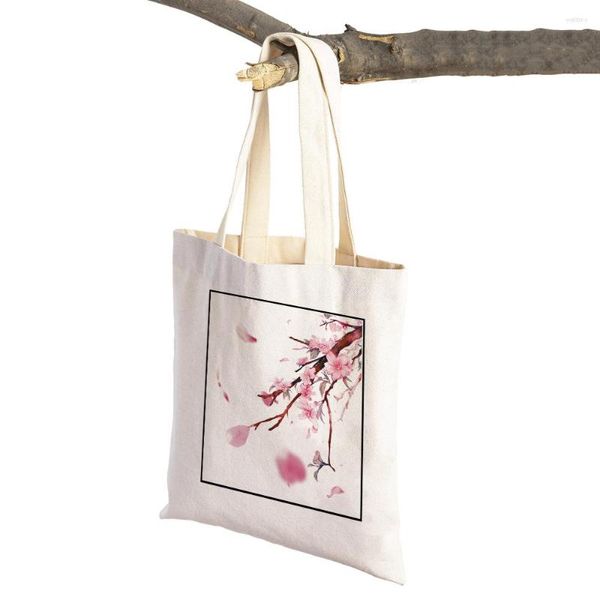 Borse per la spesa Acquerello Rosa Peach Blossom Shopper Borsa Tote Borsa Riutilizzabile Cartone animato Pianta Albero Uccello Doppia stampa Tela casual