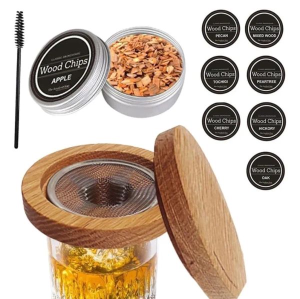 10pcs/lote ferramentas de barras de cocktail whisky fumante kit com 8 sabores diferentes frutas de madeira natural aparas para bebidas Acessórias de cozinha ferramentas GG