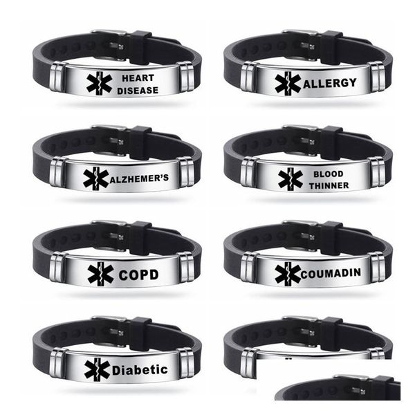 Altri braccialetti Bracciale inciso in acciaio inossidabile ID di allarme medico Diabete Epilessia Alzheimer Allergia Donna Uomo Sile Drop Delive Dhnhg