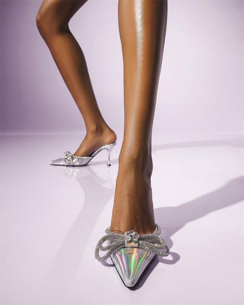 Лучшие дизайнерские женские сандал высокие каблуки Ху бабочка алмазные слайдные мулы сандал-тапочка Кристаллические украшенные шпильки с заостренными толками.