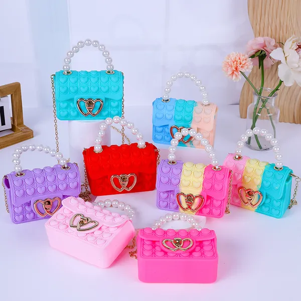 Fashion Little Girl Silicone Jelly Coin Purse Kids Crossbody Handbags Double Sided Sweet Hearts Bubble Pearl Chain Bags