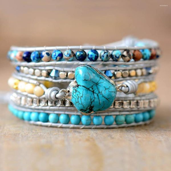 Strand Trendy Beaded Multi Layered Wrap Bracciali Boho Turquoises Intrecciato Bracelate Gioielli in pelle fatti a mano Bijoux all'ingrosso