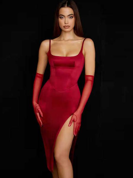 Weibliche Frühling 2022 Neue Jahr Festival Schlitz Rot Midi Kleid Einfache Design Satin Elegante Outfits Chic Weihnachten Party Kleid