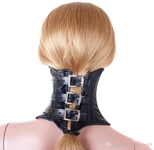 Maschera per museruola in pelle nera per schiava del sesso Cinghie regolabili Cintura con fibbia Chiusura per mento Bondage BDSM Prodotto sessuale vizioso7440991