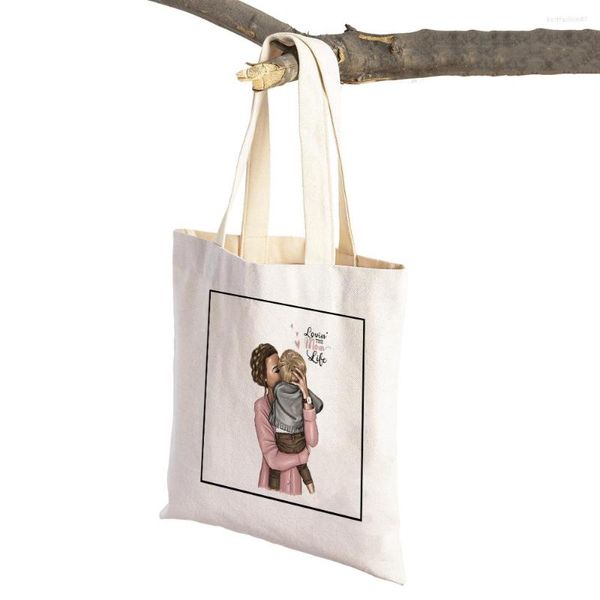 Borse per la spesa Casual Super Mama Women Bag Riutilizzabile su entrambi i lati Moda Cartoon Mom Canvas ECO Shopper Supermarket Tote Handbag