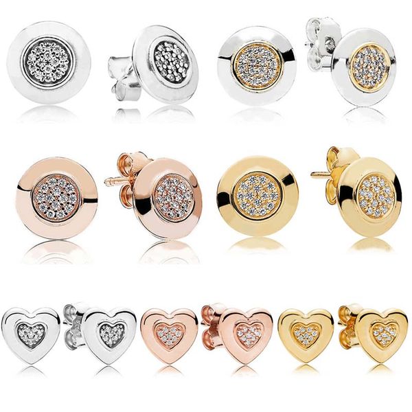 Original Rose PAN Goldener zweifarbiger Signatur-Herz-Ohrstecker für Frauen, 925er Sterlingsilber, Hochzeitsgeschenk, Modeschmuck