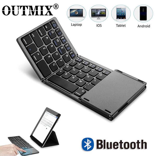 Teclados Outmix Novo Mini Portable Três Três Teclado Bluetooth dobrável Touchpad dobrável sem fio teclado para iOS Android Windows iPad Tablet G230525