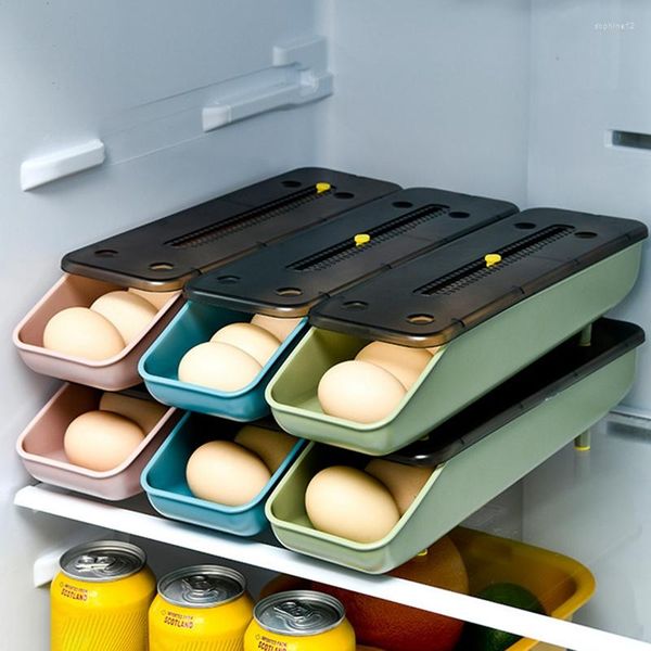 Bottiglie di stoccaggio Portauova a rotazione automatica per frigorifero Slide Design Container Box Chicken Tray