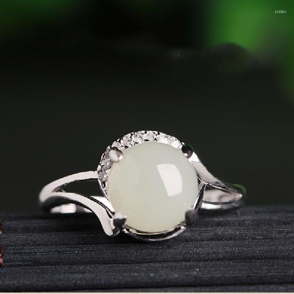 Anelli a grappolo in argento sterling 925 con anello in giada naturale di Hetian Certificato femminile Bocca viva bianca semplice