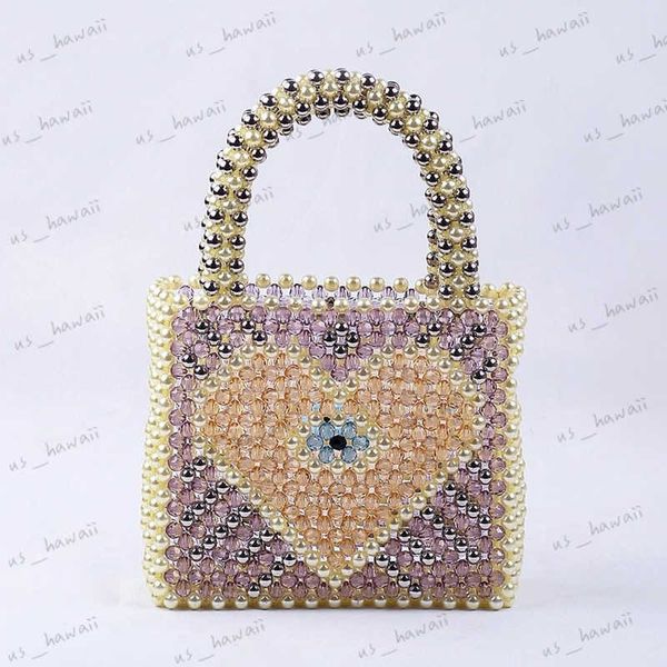 Evening Bags New Pearl Beaded Bag Design Colorful Heart Pattern Women's Handbag Handmade Small Tote Bag Evening Party Wedding Clutches Female T230526
