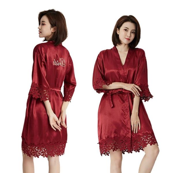 Cardigan de roupas de dormir feminino Bordado Varramento Bride Bride Women Women Lace Nightgown Makeup Grupo de dama de honra imitação de seda Kimono Robe