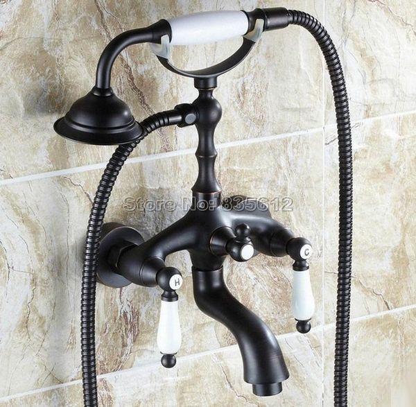 Bathroom chuveiro conjuntos de óleo preto esfregou a parede de bronze alças de cerâmica dupla montada na banheira Tap com estilo telefônico handheld wtf039