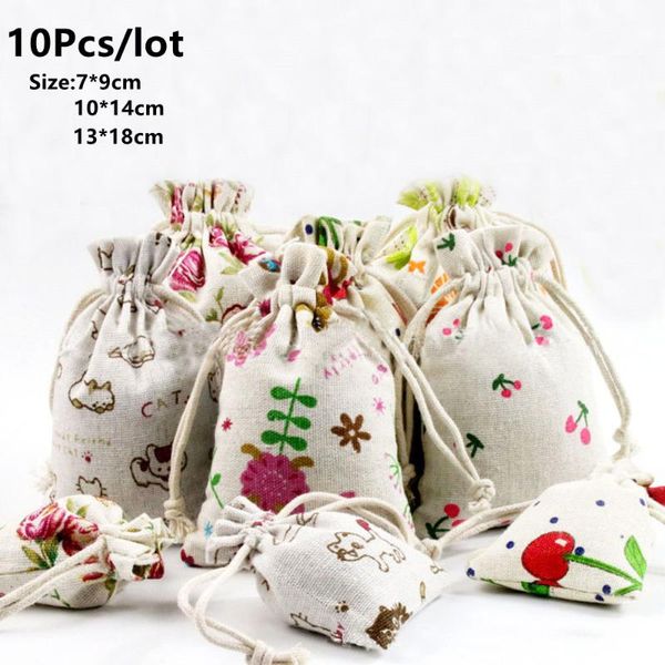 Bolsas de compras 10pcs Linen Cotton Storage Bag com cordão para o Natal para pequenas festas de festas Candy Bread Jewelry Telef