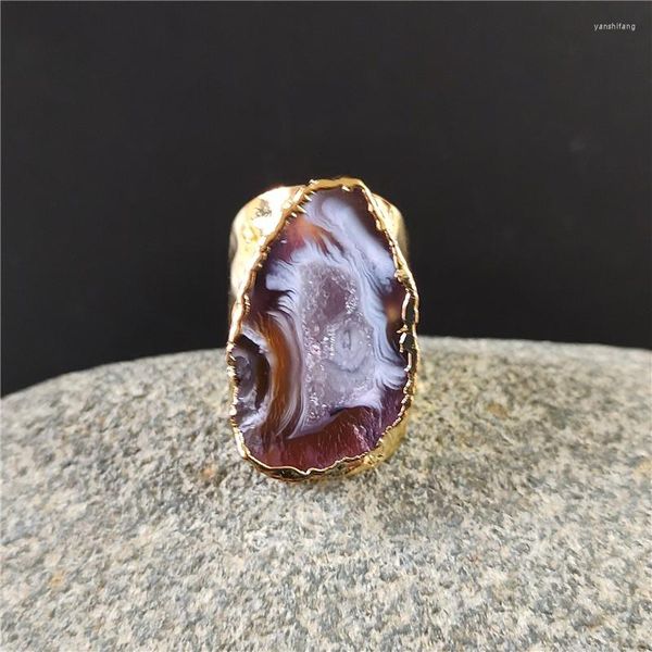 Кластерные кольца Fuwo Gold Color Plant Natural Geode Кольцо удивительное дизайн открытые агаты хрустальные тушеновые украшения оптом 5 штук/лот RG028