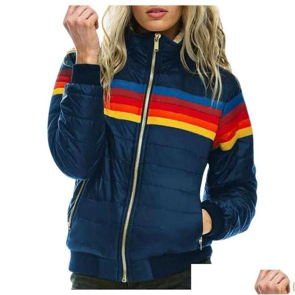 Giacche da donna a striscia arcobaleno stampato sottile giacca con cappuccio da donna parka inverno cotone per consegna di gocce di cappotto più taglia un dhfxb