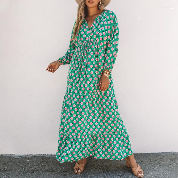 Vestidos casuais vestido de verão feminino 2023 estampa verde de moda fina de mangas compridas