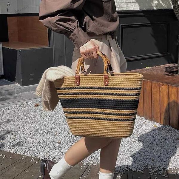 Borse da sera Vintage a righe Str Borse da donna Manico in bambù Grande borsa da basket Corda di cotone intrecciata Borse da spiaggia estive Casual Grandi borse Bali T230526