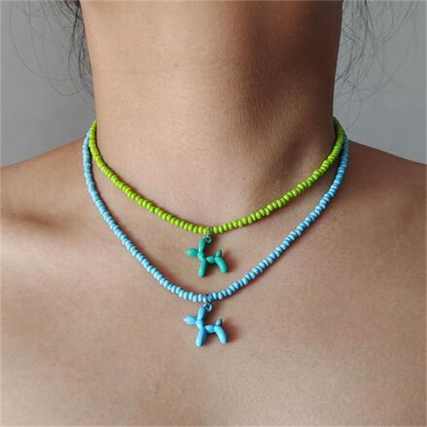 Niedliche bunte Emaille-Welpen-Hund-Anhänger-Halskette für Frauen, Boho-ethnische handgefertigte Perlenkette, Halsband-Halskette, Großhandelsschmuck GC2151