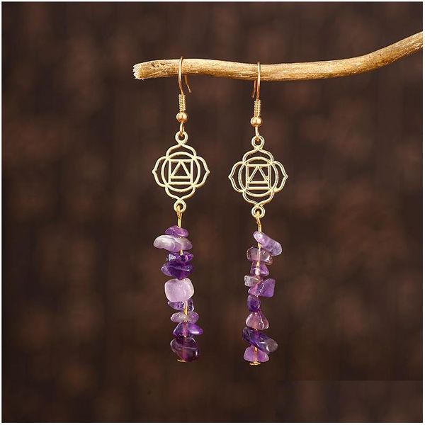 Dangle Kronleuchter Amethyst Crused Stone Ohrringe handgemachte lila Lavendel Heilung Kristall Tropfen Ohrring Yoga Schmuck für Frauen Deliv Dhxsy