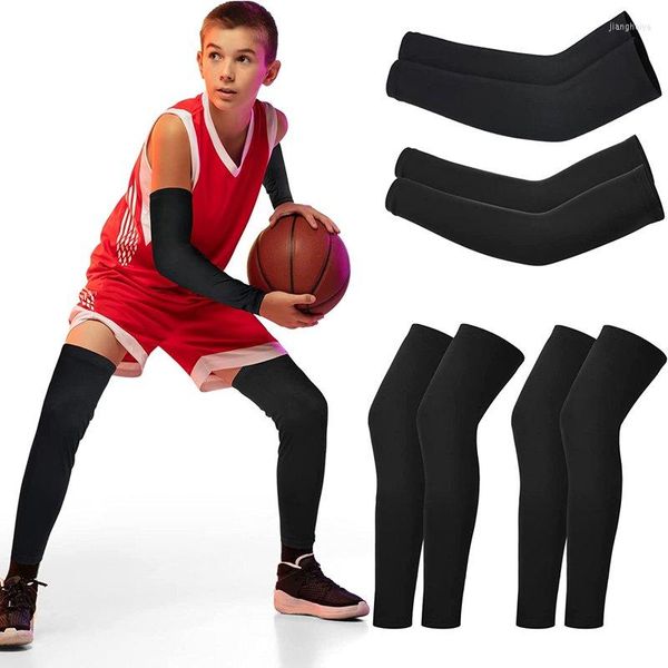 Ginocchiere 4 paia Maniche per gambe per bambini Compressione e involucri per giovani per sport di pallacanestro in bicicletta (nero)