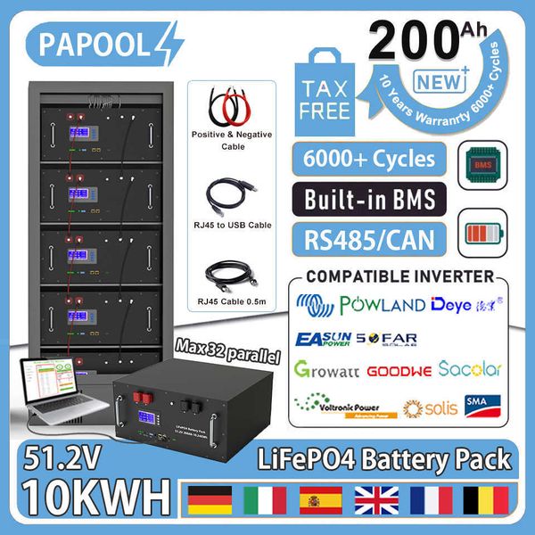 Batteria 48V 200Ah 100Ah LiFePO4 51,2V 10Kw 6000 cicli Monitor PC Max 32 paralleli 16S 200A BMS 10 anni di garanzia EU NO TAX