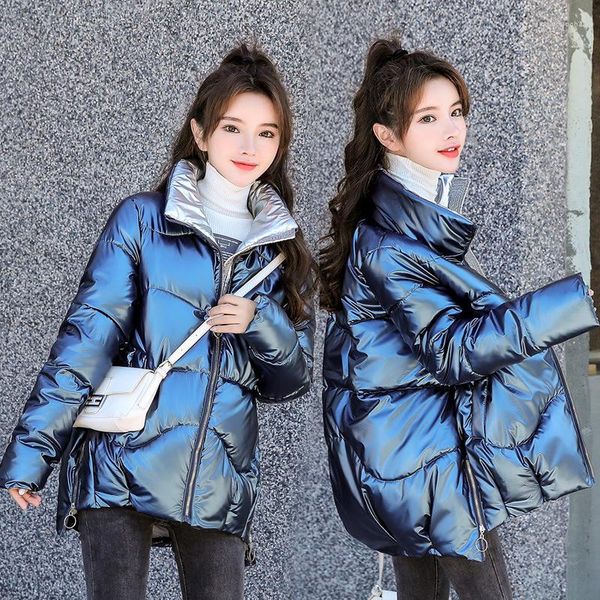 Trench da donna Moda colletto alla coreana Giacche da cappotto corto Piumino Autunno Inverno Brillante giacca imbottita in cotone a faccia in giù Capispalla coreano