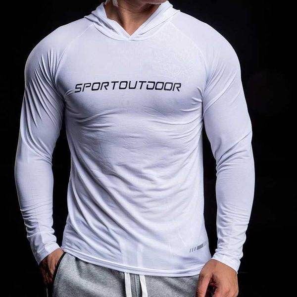 T-shirt da uomo Autunno inverno T-shirt con cappuccio da corsa T-shirt bianca da uomo Abbigliamento da palestra T-shirt slim manica lunga Bodybuilding e fitness Abbigliamento sportivo TShirt J230526