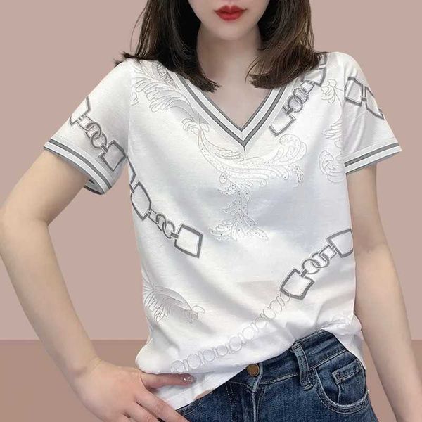Baumwolle Kurzarm T-shirt für Frauen 2023 Europa Station Sommer Neue Westlichen Stil Vielseitig Casual Lose Print V-ausschnitt Top Kleidung