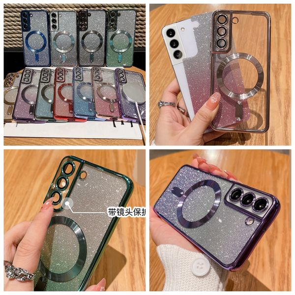 İPhone 15 için Mıknatıs Kablosuz Şarjlı Telefon Kılıfları 14 Pro Max 13 12 12 X XR XS Bling Glitter CD Tahıl Lüks Krom Yumuşak TPU Kaplama Kamera lens Koruyucu İnce Delik Kapağı