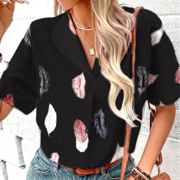 Damenblusen, Sommer, Boho, lockere Hemden, Damen-Vintage-Plume-Druck, Button-Down-Pullover, Tops, V-Ausschnitt, Business, kurzärmelig, Blusas Mujer