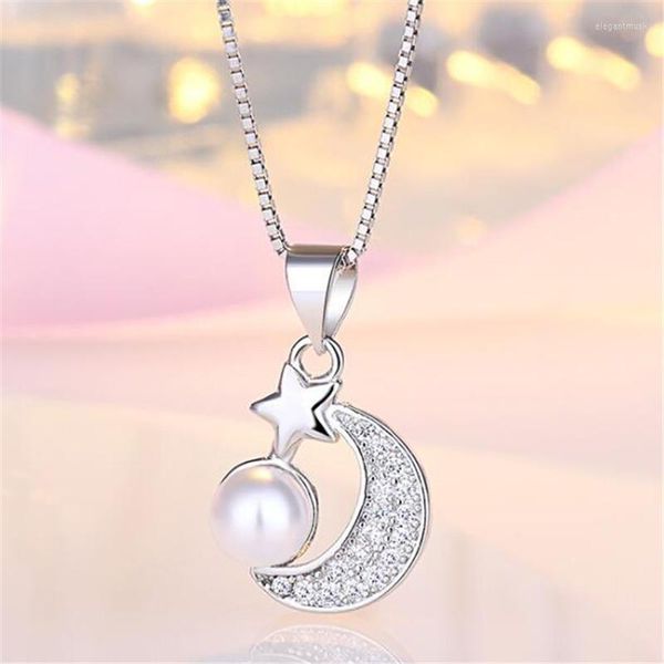 Anhänger Halsketten Elegante weibliche Stern Mond Kristall Perlenkette Roségold und Silber Farbe Romantischer Valentinstag Schmuck