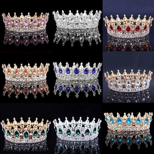 Altri accessori di moda Sposa Royal Pink Crystal Queen King Diademi Corone rotonde barocche Grande strass Pageant Diadema Fascia Accessori per capelli da sposa J230525