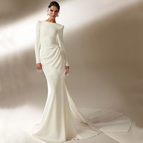 Abito da sposa elegante a sirena a maniche lunghe con pieghe Abito da sposa senza schienale aperto sul retro Applique delicato Vestido De Mariage 326 326