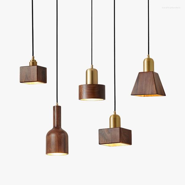 Lâmpadas pendentes minimalistas simples de luxo de cobre de noz de madeira zen art e27 Led Led Lamp Bedroom Borno de restaurante Backgramento