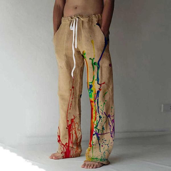 Herren Sommerstrand Lange elastische Taille Graffiti 3D gedruckt Nachahmungswäsche lose und atmungsaktive Freizeithosen {Kategorie}