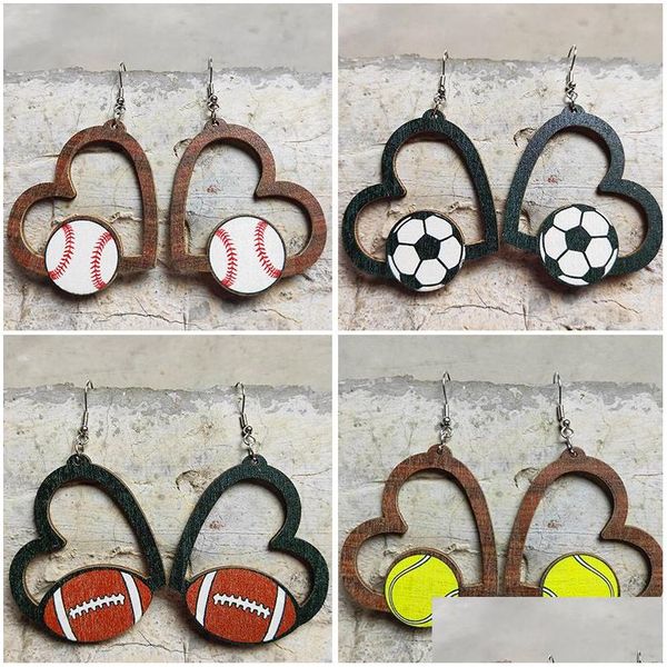 Charm Cuore Orecchini Borchie in legno Calcio Pallacanestro Calcio Ciondolo Orecchino Accessori moda Drop Delivery Jewelry Dhnpu