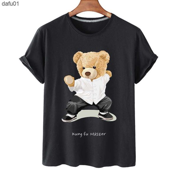 Camisetas masculinas camiseta de algodão masculino chinês kung fu urso de manga curta solta t-shirt de camiseta masculina de camiseta de camiseta redonda de tamanho grande S-3xl L230520 L230520