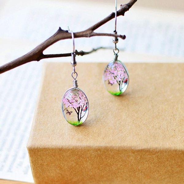 Baumelnde Ohrringe, Kronleuchter, DIY, handgefertigt, echte Pflanzengetrocknete Blumen, transparent, oval, Glas, Kristallkugel, gepresste Blumenohrringe für Frauen