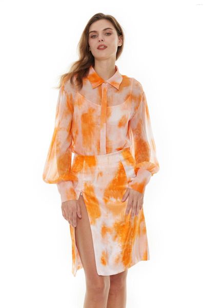 Camicette da donna 2023 Spring Gradient Print Camicia sottile senza schienale da donna Gonna a tubino al ginocchio