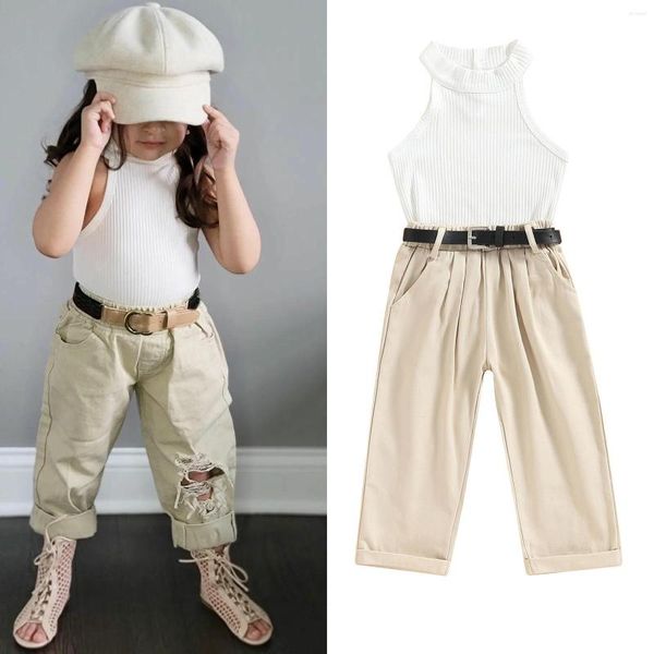 Set di abbigliamento FOCUSNORM 1-6Y Toddler Kids Girls Summer Clothes Set Outfit Solid Canotte senza maniche a coste Pantaloni elasticizzati casual con cintura