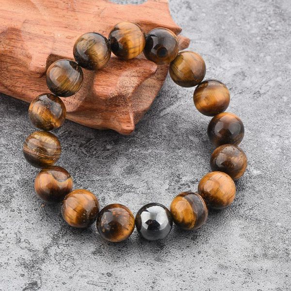 Strand Szelam 12 mm Tigeraugen Natursteinperlen für Damen Herren elastische Hämatit-Armreifen