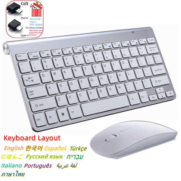 Teclados Espanhol Hebraico Hebraico Coreano Tailândia Teclado sem fio Mouse Combo 2.4g Mini teclado sem fio portátil e mouse para Windows Mac Android G230525