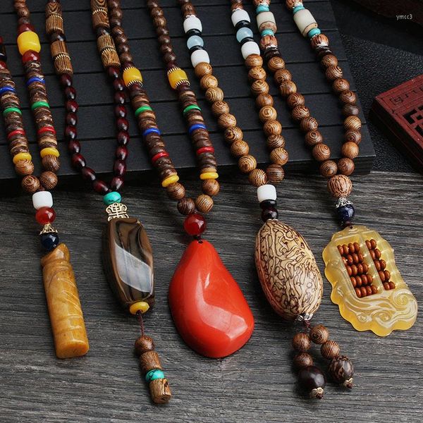 Colares pendentes colar de pendente de colar artesanal nepal mala malha de madeira étnica chifre de peixe longa declaração masculina jóias femininas