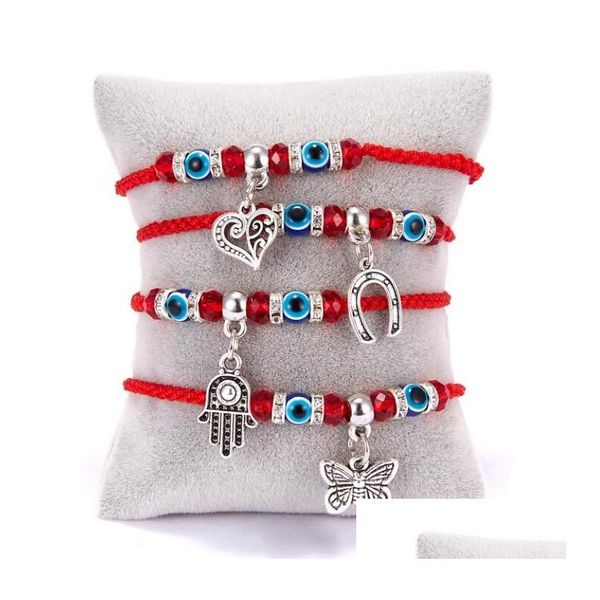 Braccialetti con ciondoli Moda Stringa rossa Bracciale blu occhio diabolico turco Filo Hamsa Cuore a ferro di cavallo Farfalla Ciondola Charms Braid Jewelry Dhpnt