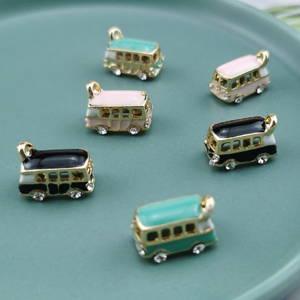 10pcs 3d campista van miniatura pingente de esmalte van jóias de jóias de jóias charme com shinestone Volkswagen Bus Charm a granel