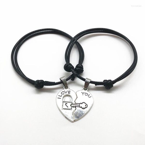 Charm-Armbänder, 2 Stück/Set, Paar-Armband, „Love You“, Schriftzug, Liebe, Schlüsselverschluss, Nähte, schwarzes Seil, verstellbare Kette, Paar, Geschenk für